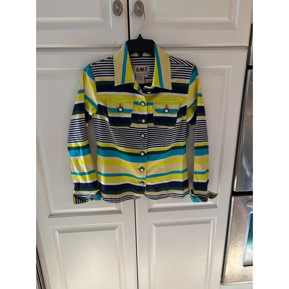 AMPM Striped Button Up Shirt Long Sleeve Yellow Blue Green Navy Size S‎